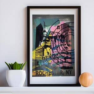 The 'Dagda'  Monoprint Poster of the Rochester, NY Skyline Poster. 13 x 19"